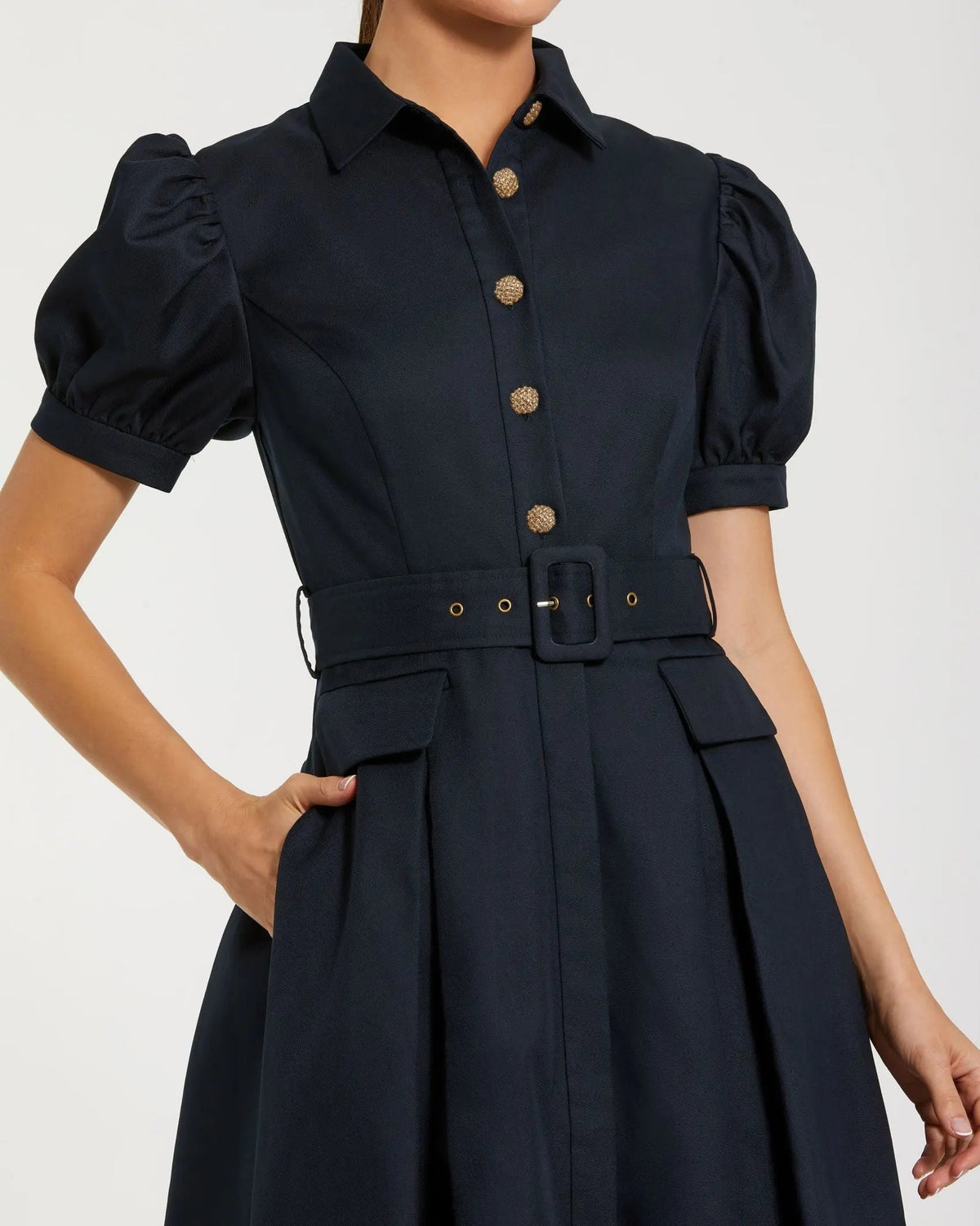 Mac Duggal Navy Puff Sleeve Belted Midi Shirt Dress Mac Duggal