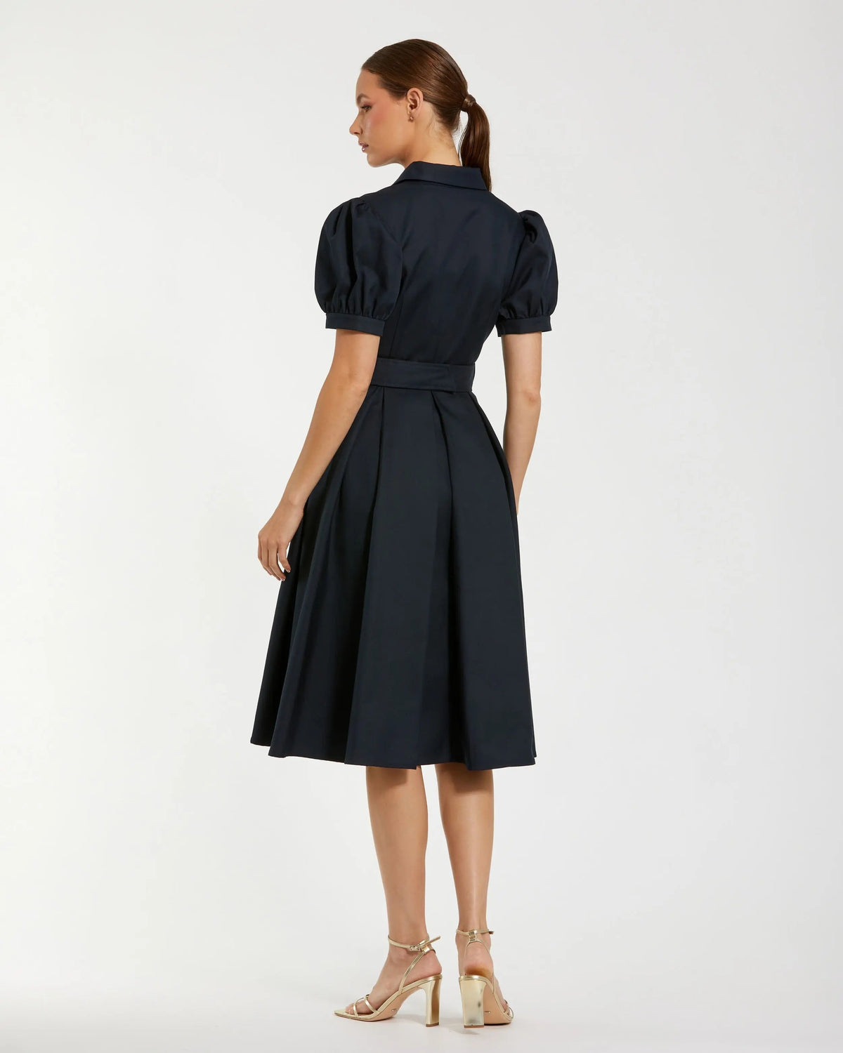 Mac Duggal Navy Puff Sleeve Belted Midi Shirt Dress Mac Duggal