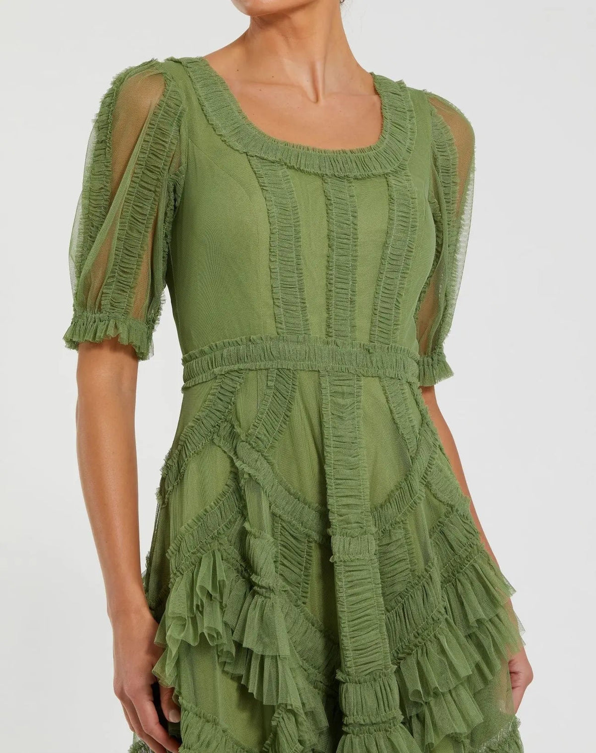 Mac Duggal Green Short Sleeve Micro Ruffle Midi Dress
