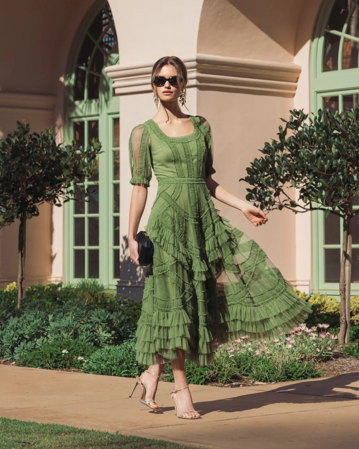 Mac Duggal Green Short Sleeve Micro Ruffle Midi Dress