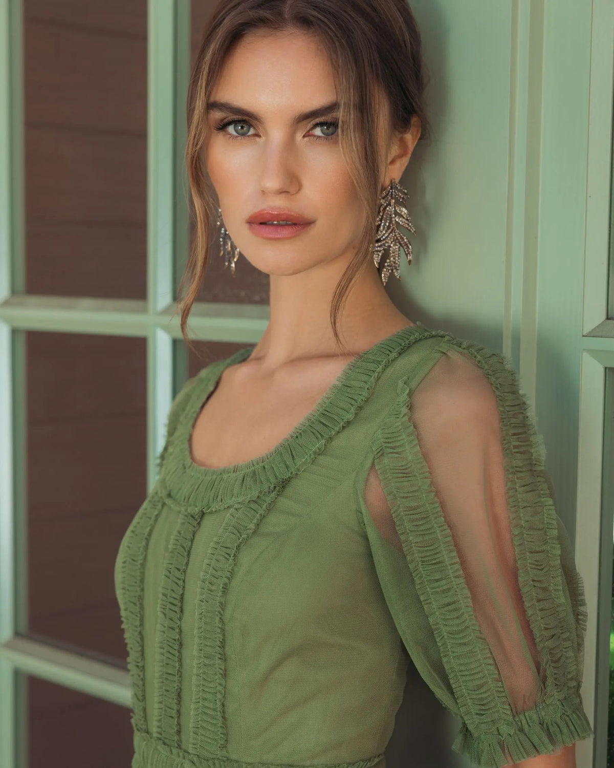 Mac Duggal Green Short Sleeve Micro Ruffle Midi Dress