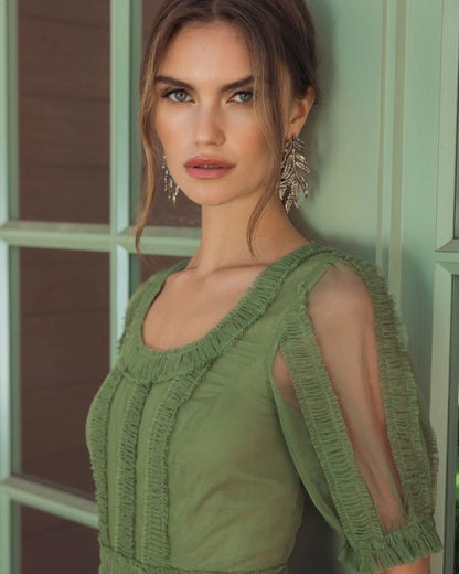Mac Duggal Green Short Sleeve Micro Ruffle Midi Dress