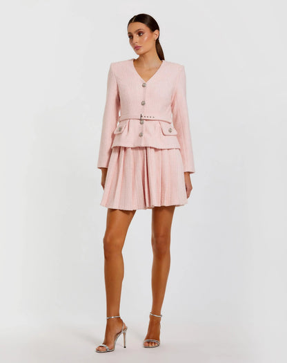 Mac Duggal Light Pink Boucle Long Sleeve V-Neck Mini Dress