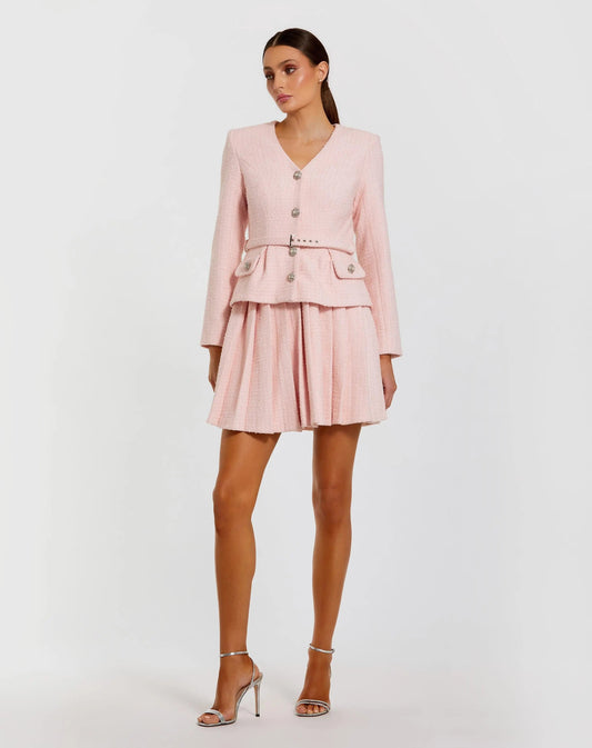 Mac Duggal Light Pink Boucle Long Sleeve V-Neck Mini Dress