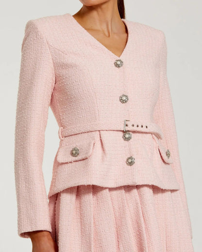 Mac Duggal Light Pink Boucle Long Sleeve V-Neck Mini Dress