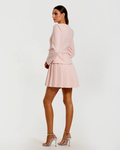Mac Duggal Light Pink Boucle Long Sleeve V-Neck Mini Dress