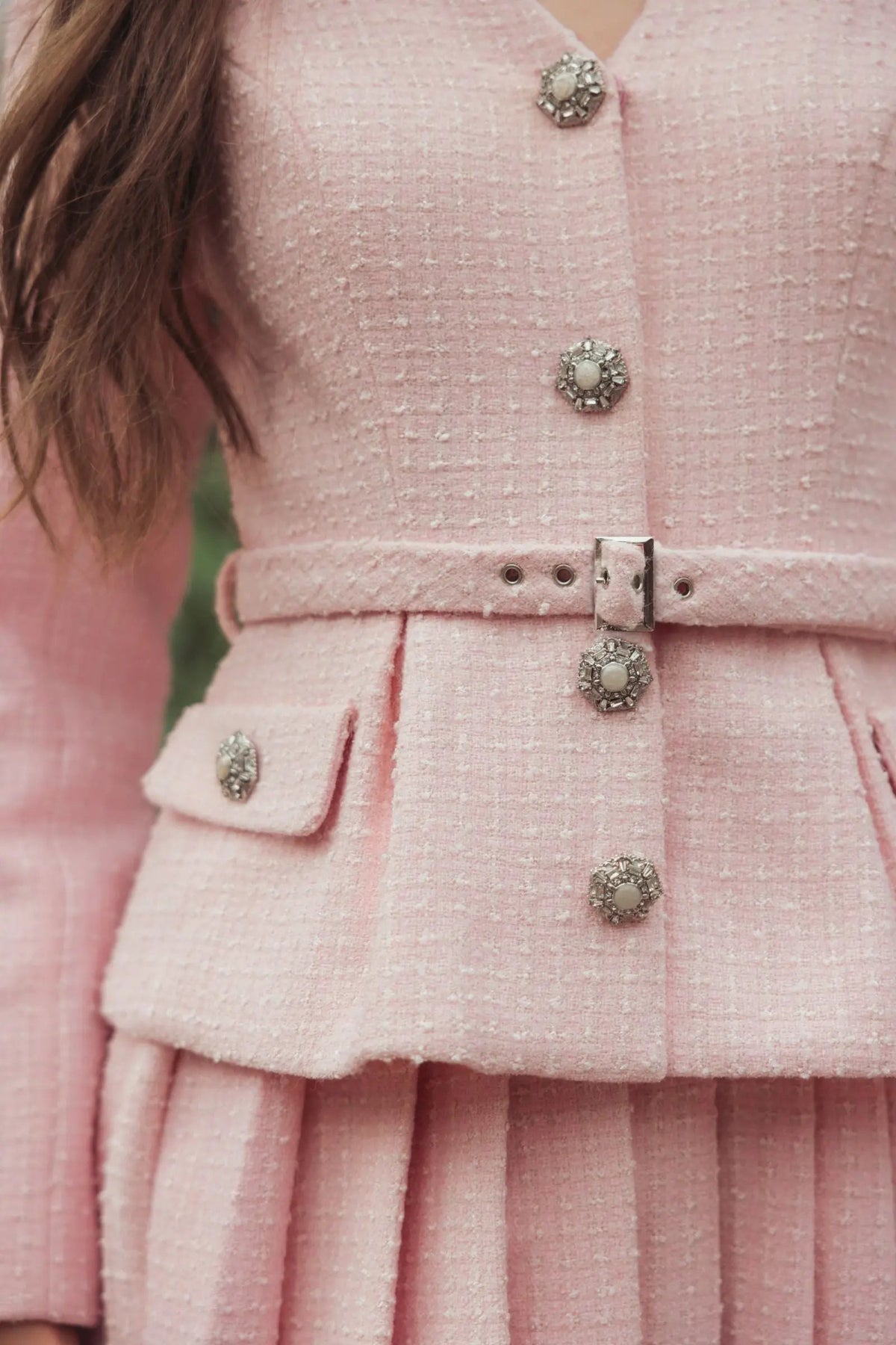 Mac Duggal Light Pink Boucle Long Sleeve V-Neck Mini Dress