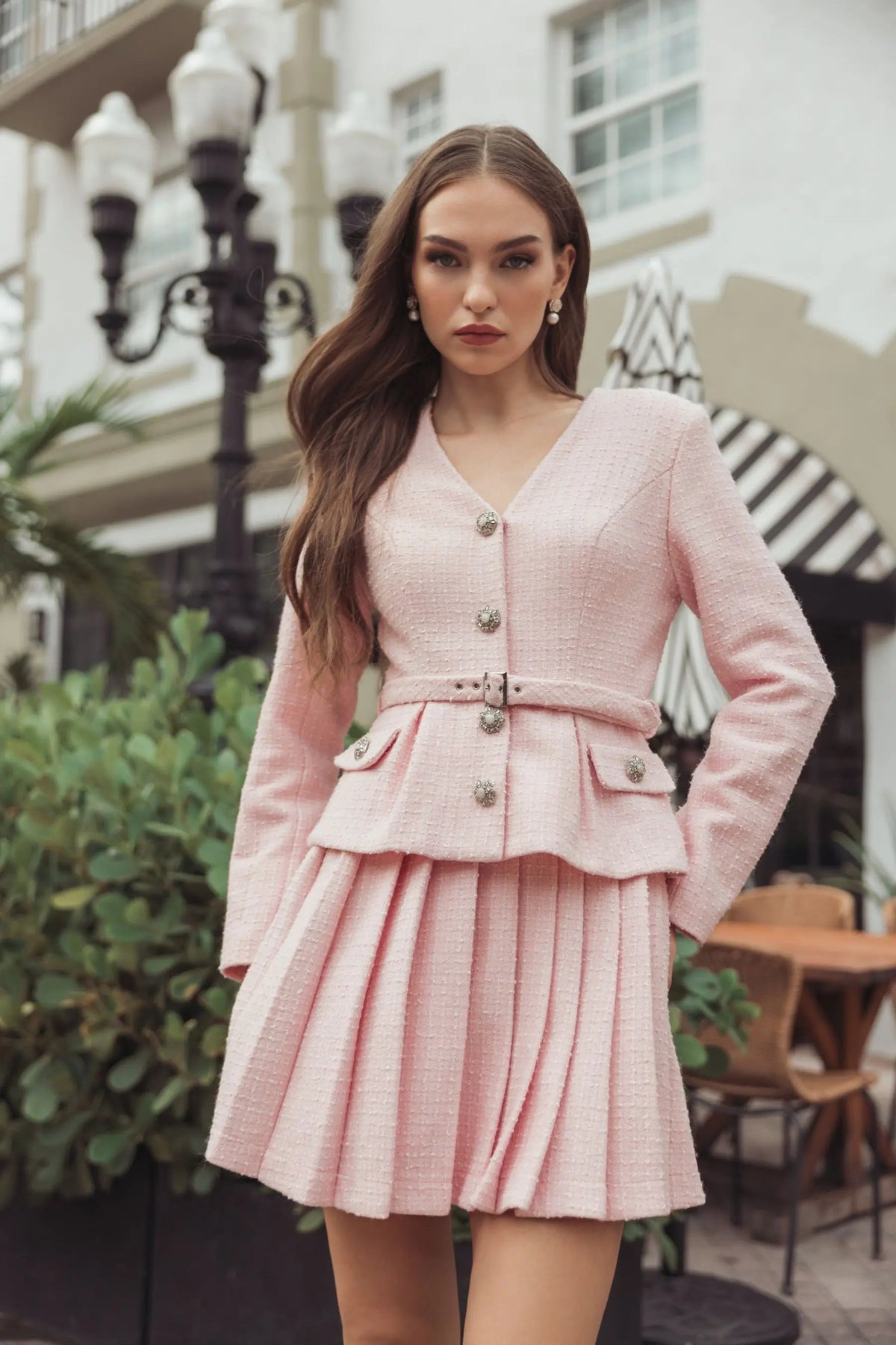 Mac Duggal Light Pink Boucle Long Sleeve V-Neck Mini Dress