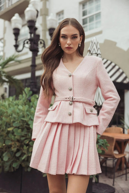Mac Duggal Light Pink Boucle Long Sleeve V-Neck Mini Dress