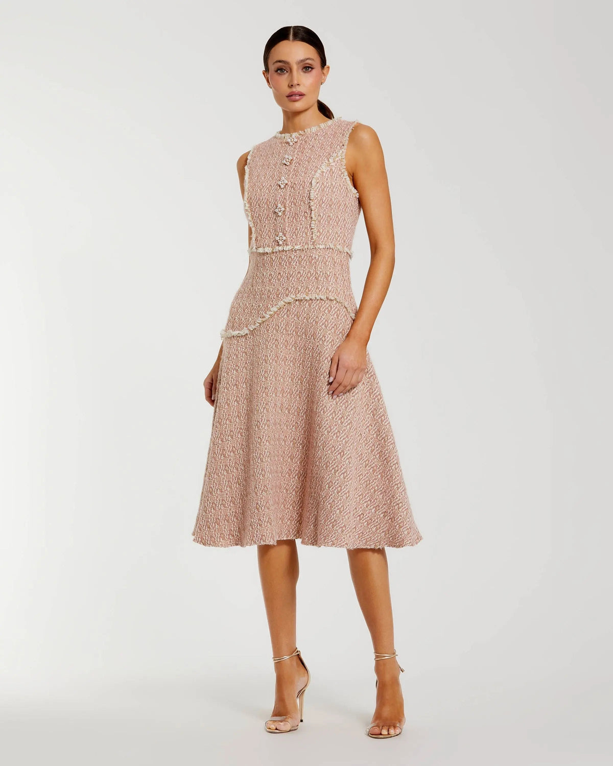 Mac Duggal Light Pink Boucle Sleeveless Button Up Midi Dress