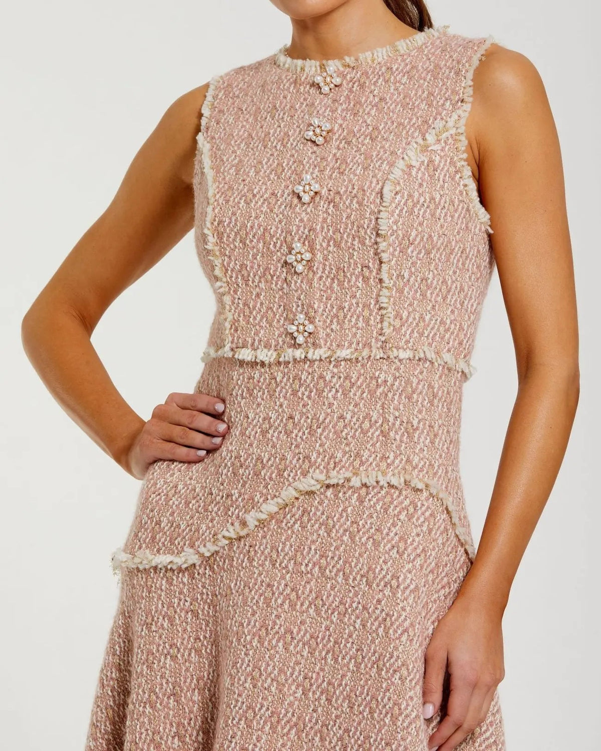 Mac Duggal Light Pink Boucle Sleeveless Button Up Midi Dress