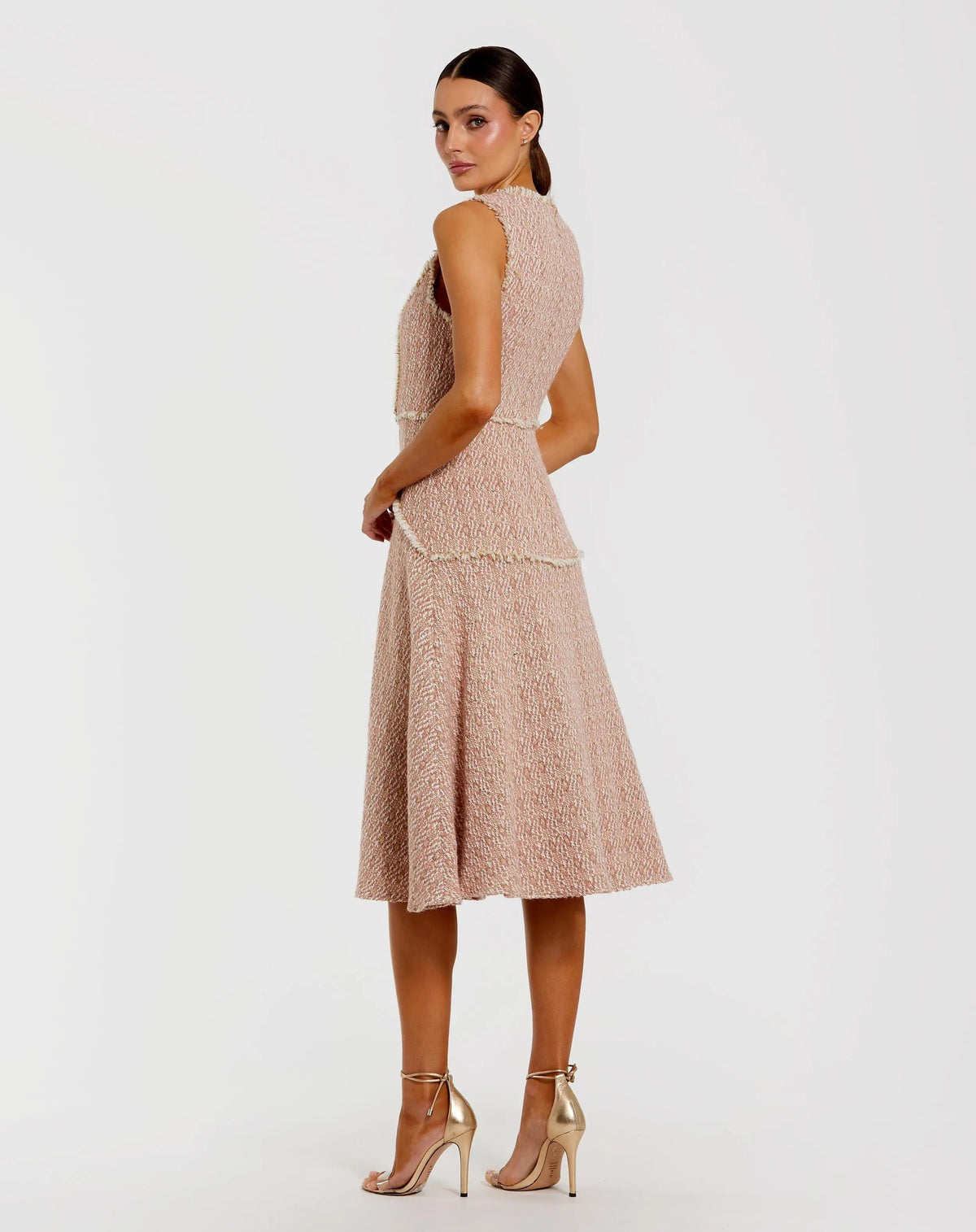 Mac Duggal Light Pink Boucle Sleeveless Button Up Midi Dress