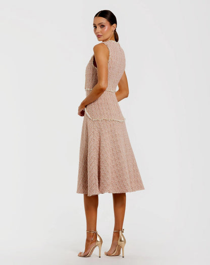 Mac Duggal Light Pink Boucle Sleeveless Button Up Midi Dress