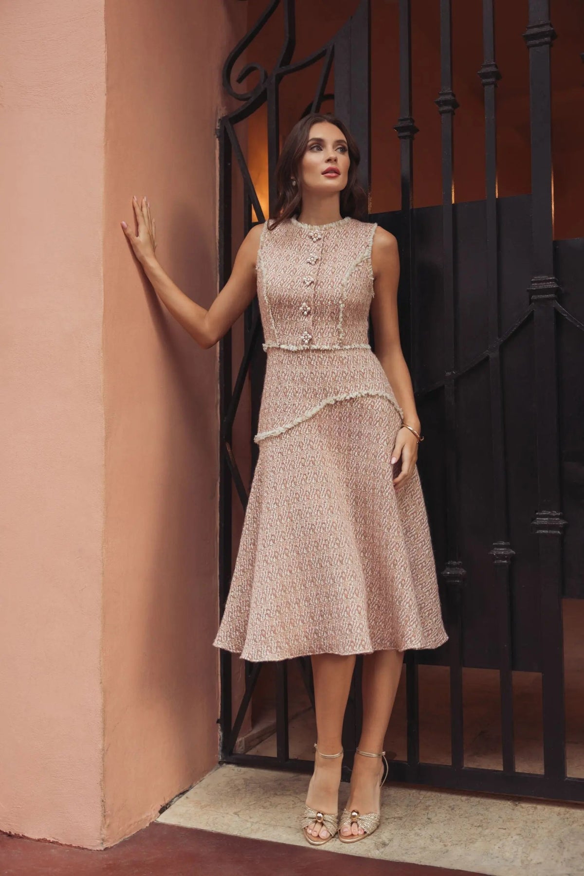 Mac Duggal Light Pink Boucle Sleeveless Button Up Midi Dress