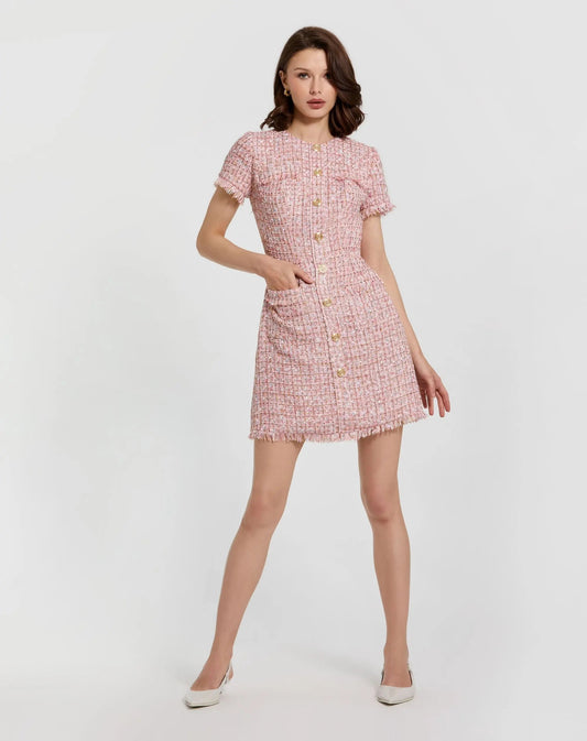 Mac Duggal Pink Boucle Short Sleeve Mini Dress With Pockets