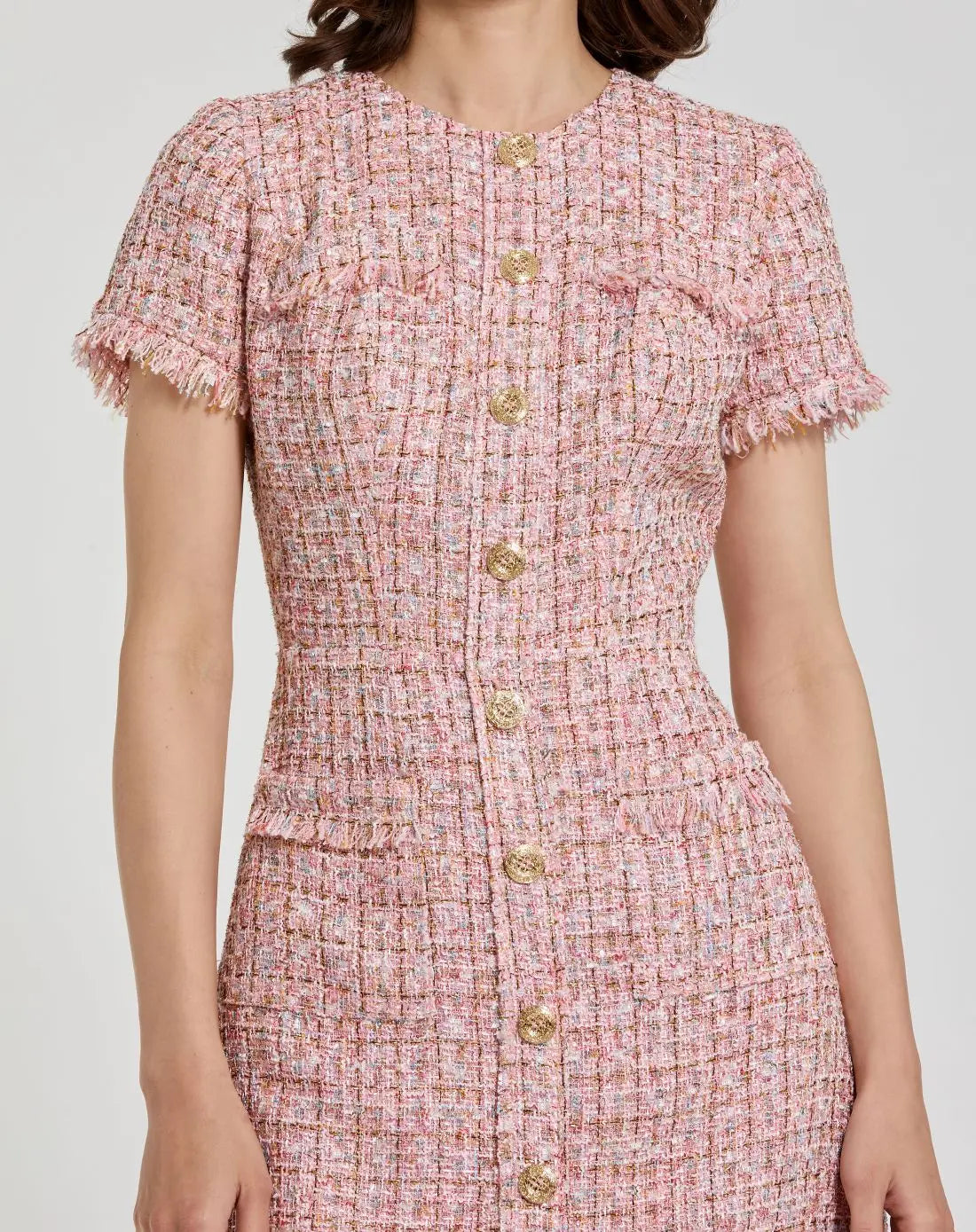 Mac Duggal Pink Boucle Short Sleeve Mini Dress With Pockets