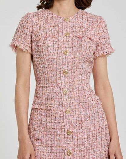 Mac Duggal Pink Boucle Short Sleeve Mini Dress With Pockets