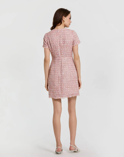 Mac Duggal Pink Boucle Short Sleeve Mini Dress With Pockets