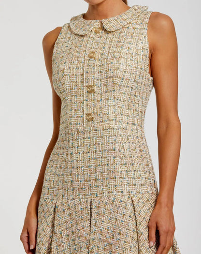 Mac Duggal Gold Sleeveless Boucle Mini Dress with Pleats