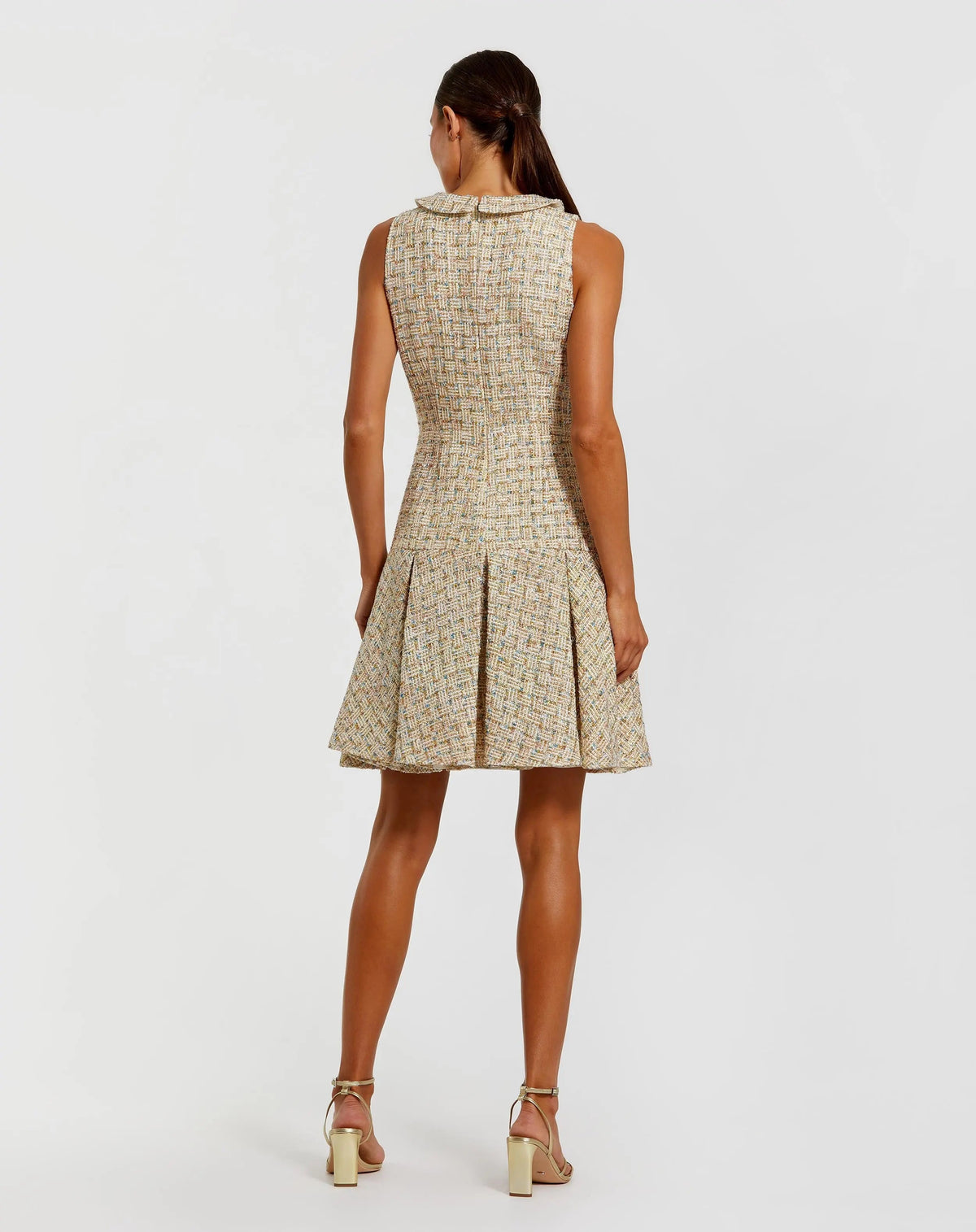 Mac Duggal Gold Sleeveless Boucle Mini Dress with Pleats