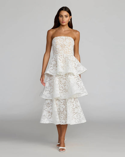 Mac Duggal Ivory Strapless Lace Tiered Ruffle Midi Dress
