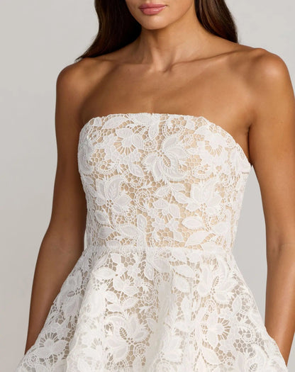 Mac Duggal Ivory Strapless Lace Tiered Ruffle Midi Dress