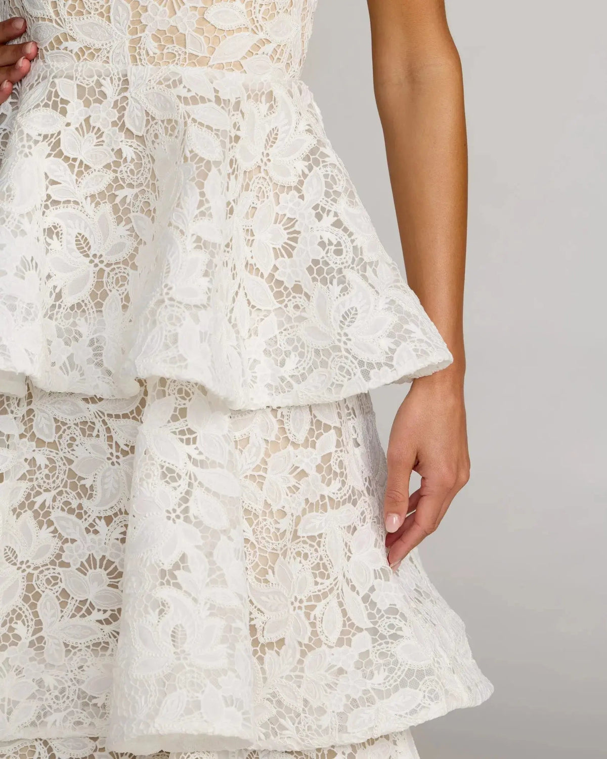 Mac Duggal Ivory Strapless Lace Tiered Ruffle Midi Dress