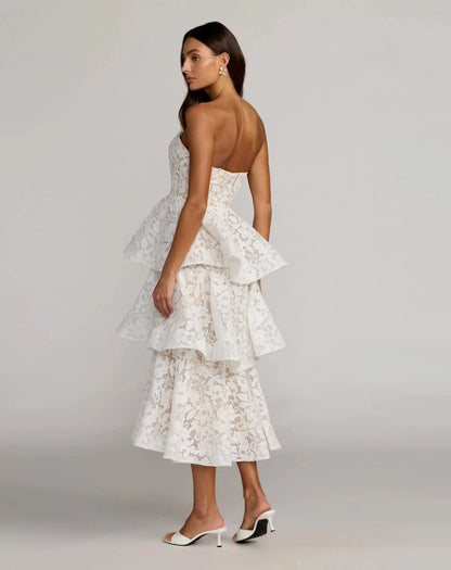 Mac Duggal Ivory Strapless Lace Tiered Ruffle Midi Dress