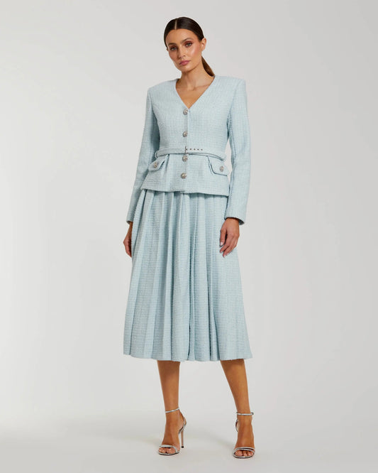 Mac Duggal Blue Boucle Long Sleeve V Neck Midi Dress With Buttons