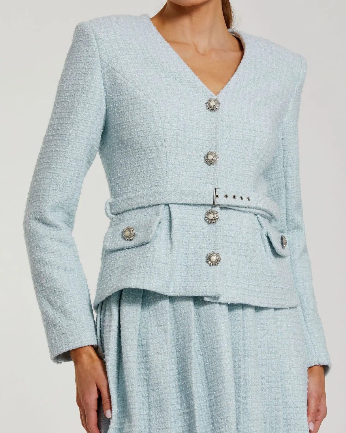 Mac Duggal Blue Boucle Long Sleeve V Neck Midi Dress With Buttons