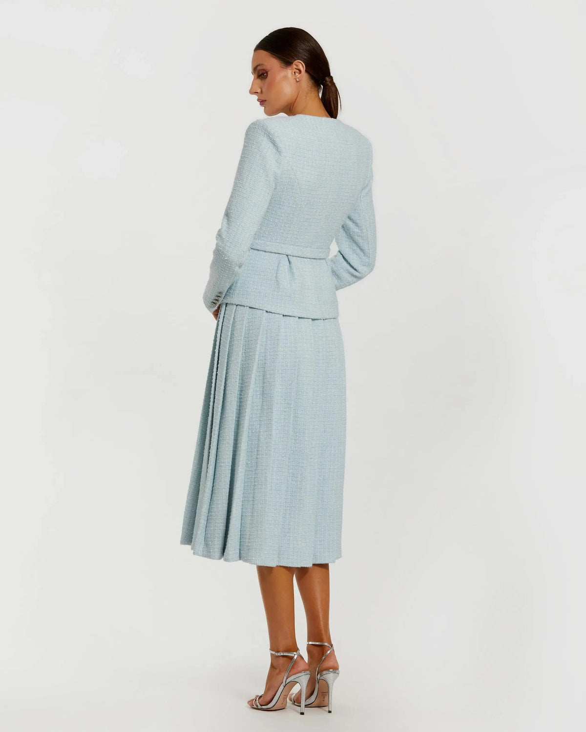 Mac Duggal Blue Boucle Long Sleeve V Neck Midi Dress With Buttons