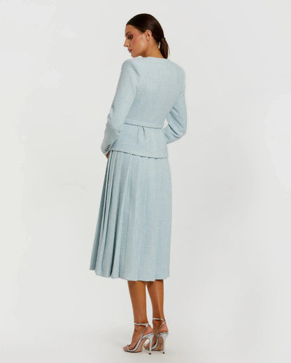 Mac Duggal Blue Boucle Long Sleeve V Neck Midi Dress With Buttons