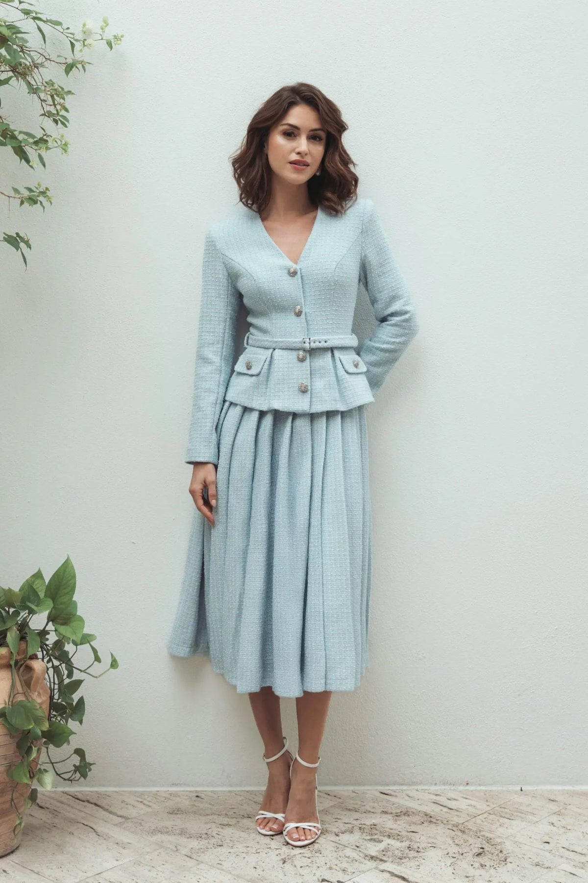 Mac Duggal Blue Boucle Long Sleeve V Neck Midi Dress With Buttons