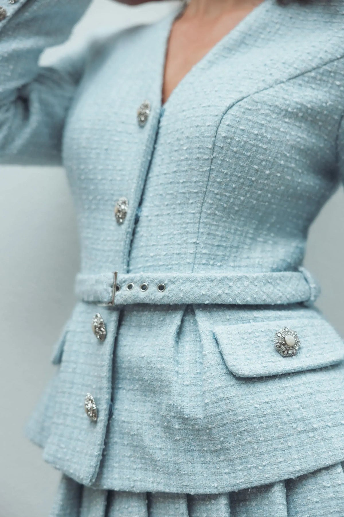 Mac Duggal Blue Boucle Long Sleeve V Neck Midi Dress With Buttons