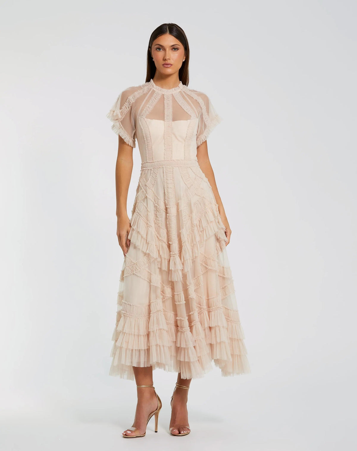 Mac Duggal Pink Flutter Sleeve Micro Ruffle Midi Dress