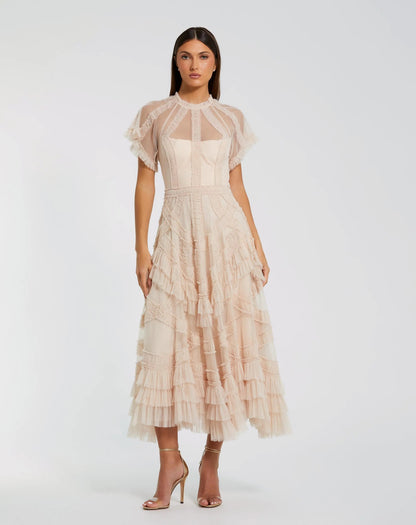 Mac Duggal Pink Flutter Sleeve Micro Ruffle Midi Dress