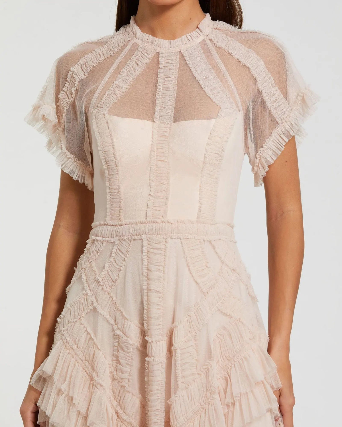 Mac Duggal Pink Flutter Sleeve Micro Ruffle Midi Dress