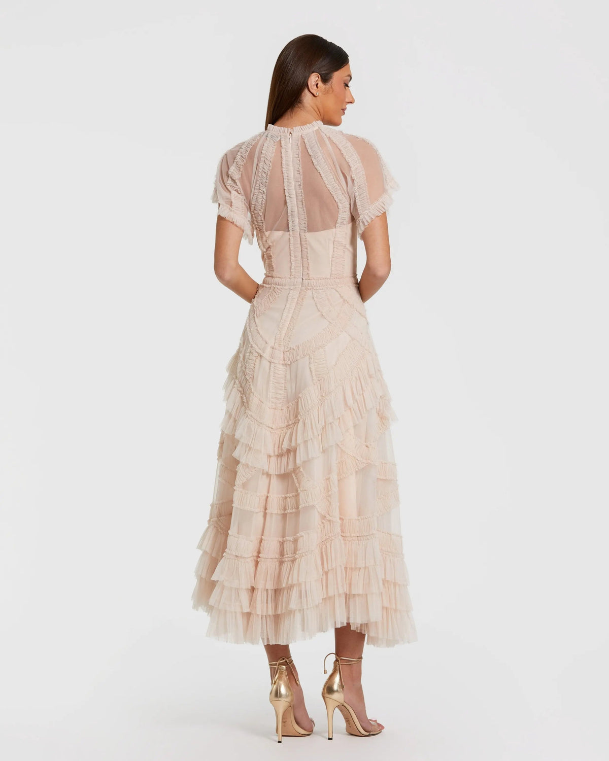 Mac Duggal Pink Flutter Sleeve Micro Ruffle Midi Dress