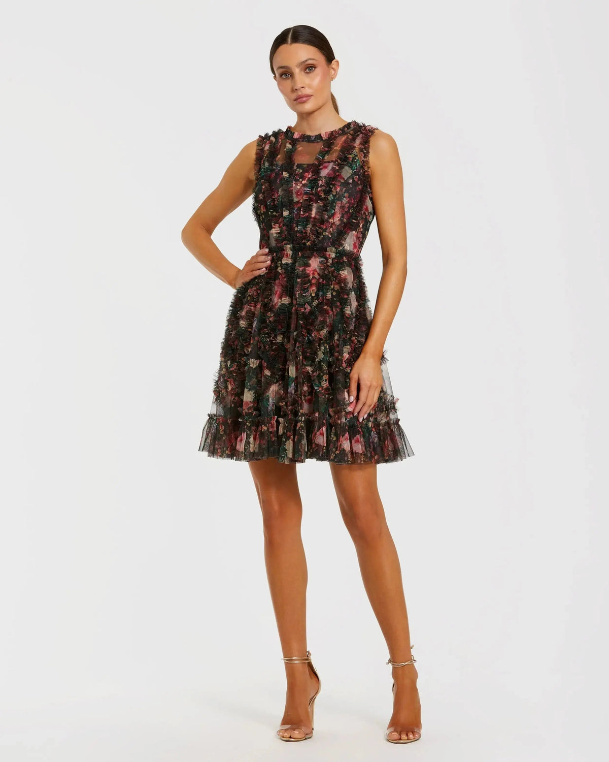 Mac Duggal Black Multicolor Micro Ruffle Floral A-Line Mini Dress