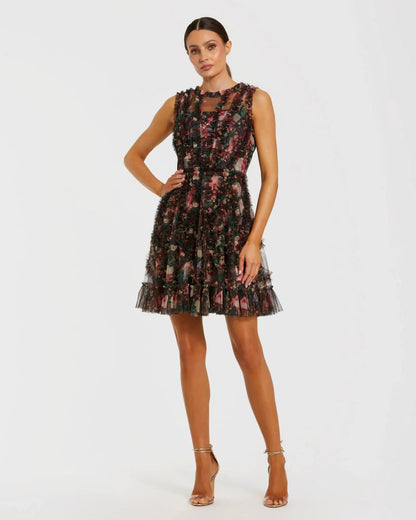 Mac Duggal Black Multicolor Micro Ruffle Floral A-Line Mini Dress