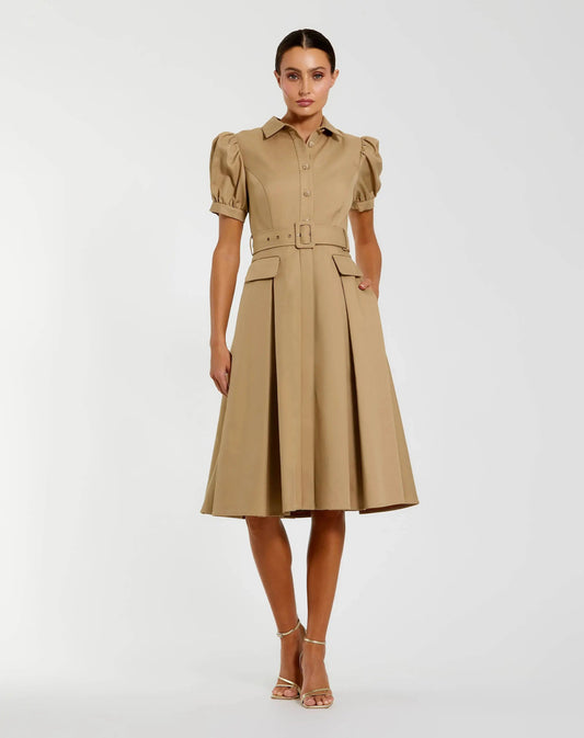 Mac Duggal Beige Puff Sleeve Belted Midi Shirt Dress