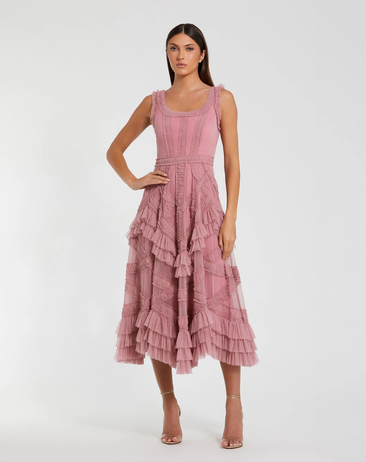 Mac Duggal Pink Scoop Neck Sleeveless Mesh Micro Ruffle Midi Dress