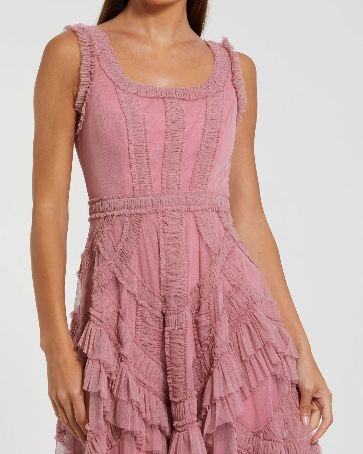 Mac Duggal Pink Scoop Neck Sleeveless Mesh Micro Ruffle Midi Dress