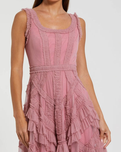 Mac Duggal Pink Scoop Neck Sleeveless Mesh Micro Ruffle Midi Dress