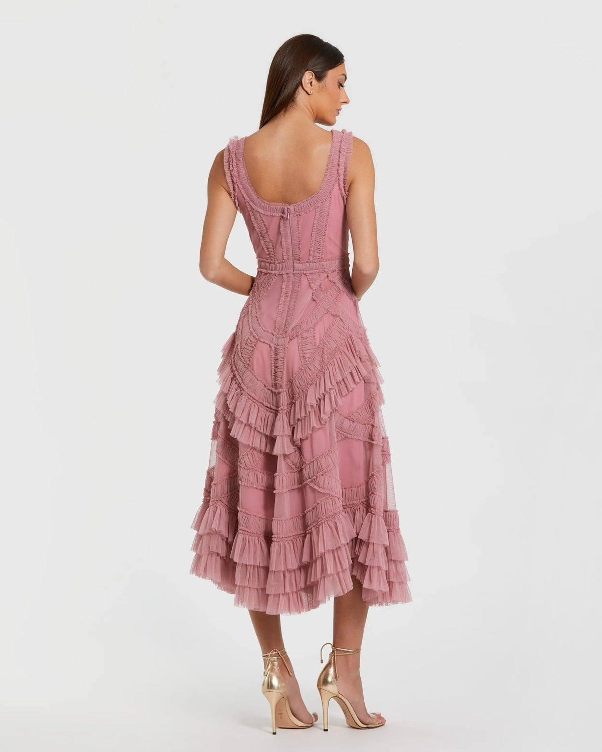 Mac Duggal Pink Scoop Neck Sleeveless Mesh Micro Ruffle Midi Dress