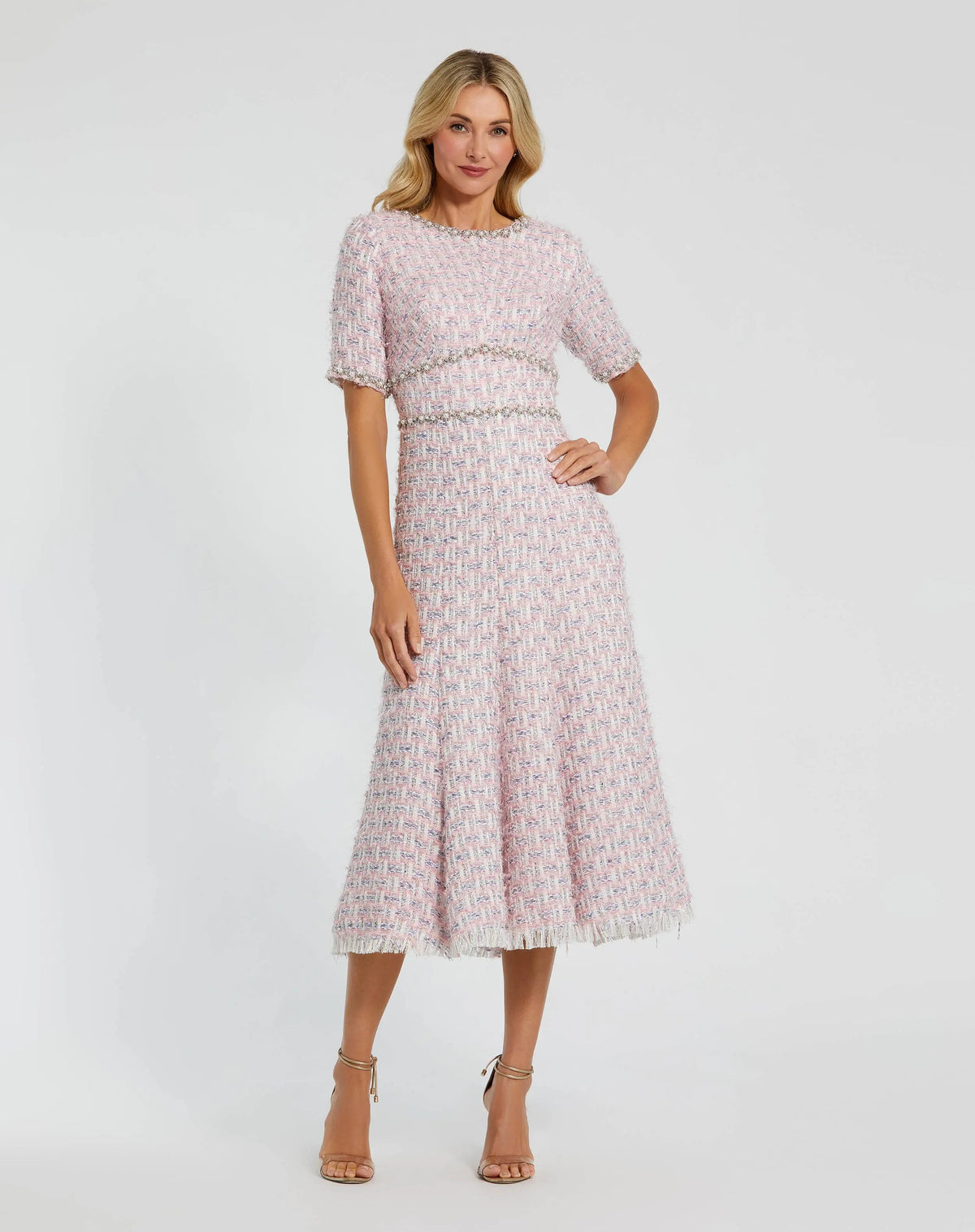 Mac Duggal Pink Short Sleeve Beaded Trim Boucle Midi Dress