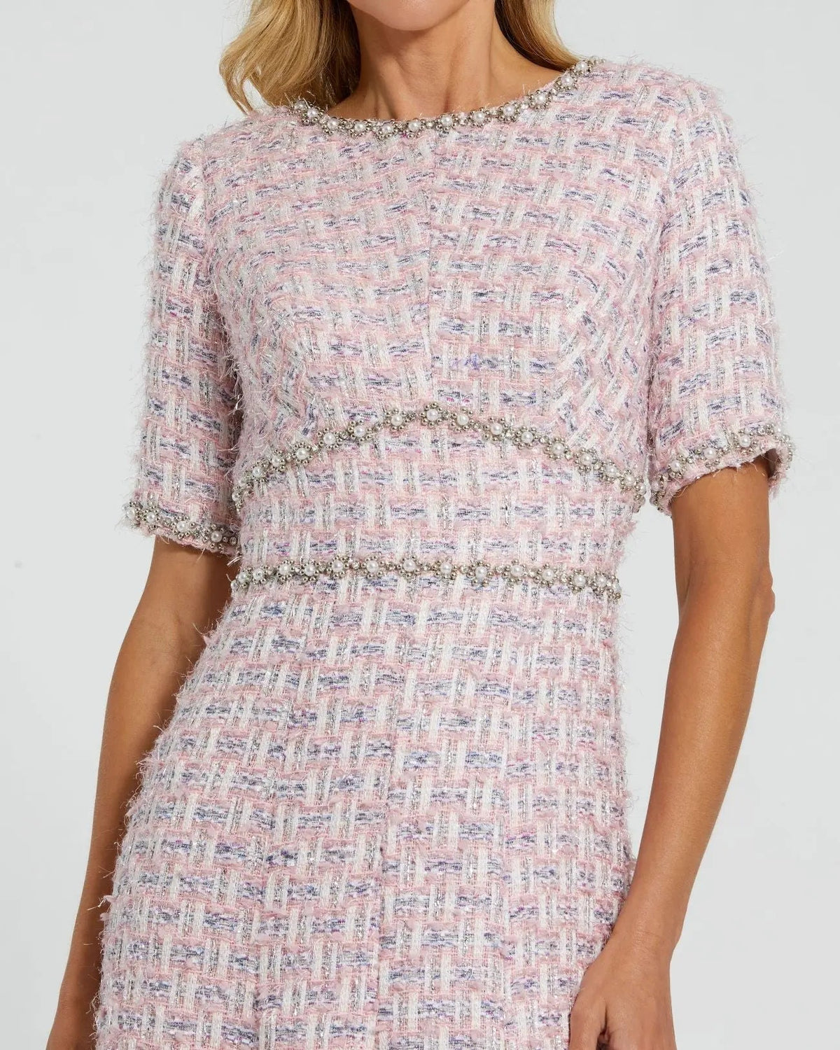 Mac Duggal Pink Short Sleeve Beaded Trim Boucle Midi Dress