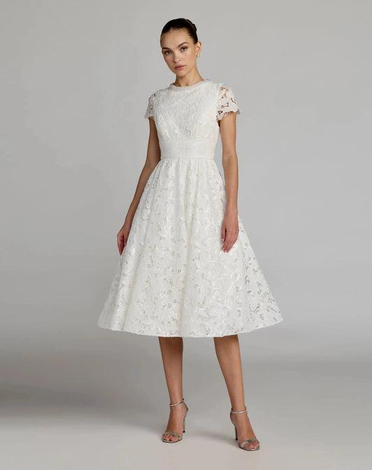 Mac Duggal White Petite Embroidered Lace A Line Midi Dress