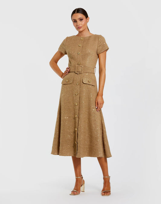 Mac Duggal Gold Boucle Cap Sleeve High Neck Button Up Midi Dress