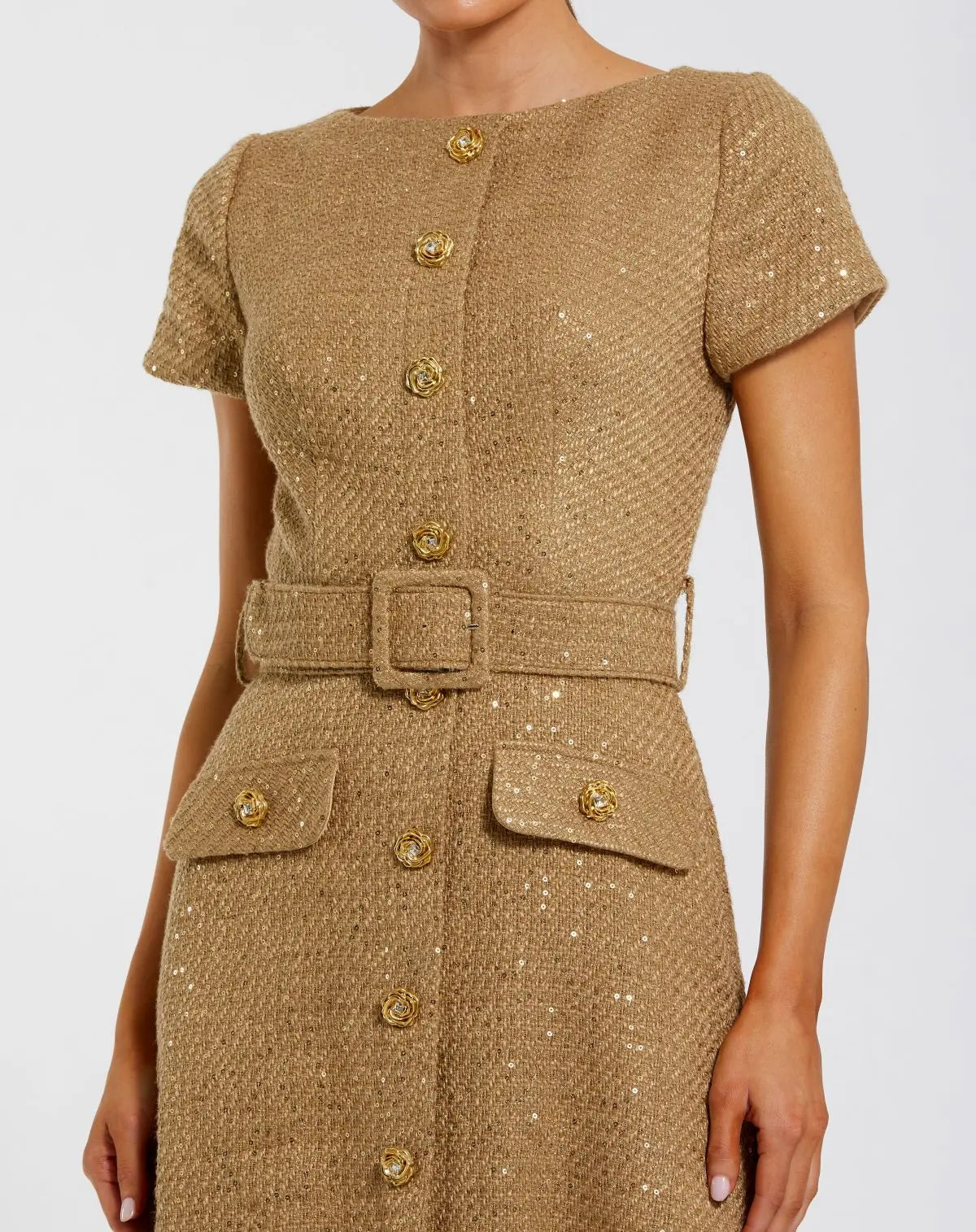 Mac Duggal Gold Boucle Cap Sleeve High Neck Button Up Midi Dress
